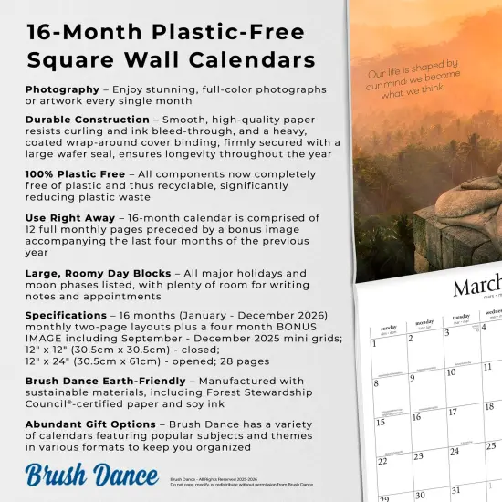 Timeless Buddha | 2026 12 x 24 Inch (Hanging) Monthly Square Wall Calendar | Plastic-Free {6}