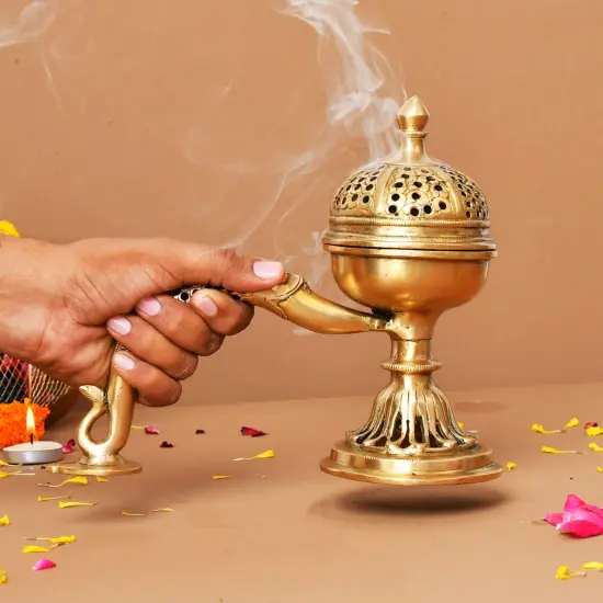 Brass Incense Dhoop Burner Aroma for Prayer Puja Meditation Spiritual Events Dhoopam for Havan Rituals - Diwali Decoration Loban Dhoop Dani for Temple Home Prayer Room (7.8x3.9 Inches) {5}