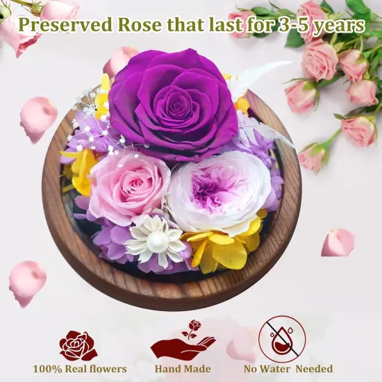 Valentines Day Gifts for Her, Real Rose Flowers Bouquet in Glass Dome with Light, Birthday Gifts for Women Wife Grandma Nana Mothers Day Anniversary, Mom Gifts from Daughter Son {4}