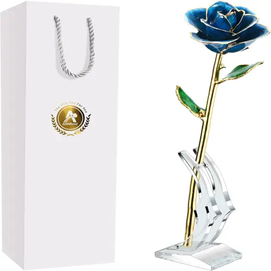 Gold Dipped Rose, 24K Gold Rose Made from Real Rose - Unique Design Gold Plated Rose for Anniversary Valentines Mothers Day Birthday Gifts (Blue Rose with Stand) {1}