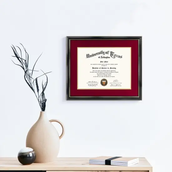 11x14 Diploma Frame with Red over Gold Mat or Display 15x18 Certificate without Mat,Solid Wood & UV Protection Acrylic,Glossy Black Finish with Gold Trim {2}