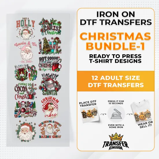 Iron on DTF Transfer Christmas Bundle - 12 Best Seller T-shirt Designs Ready To Press {1}