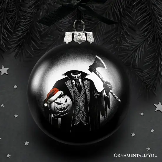 Headless Horseman Spooky Portrait Glass Christmas Ornament, Black Horror Halloween Tree Decoration {1}
