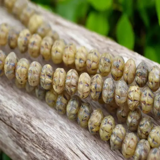 5x8mm Rustic Matte Champagne Beige Picasso Ribbed Rondelle Beads - 8" Strand {3}