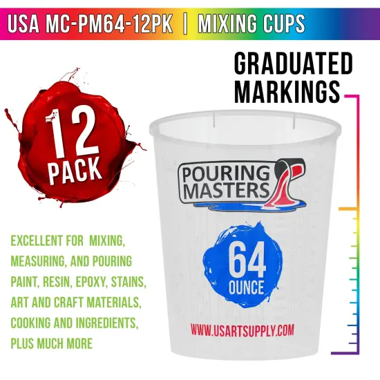 64 Ounce (2000ml) Graduated Plastic Mixing Cups (Box of 12) - Paint Mixing Cups for Epoxy Resin, Art, Kitchen, Baking - Measurements in OZ and ML, 4 Different Measuring Ratios 1:1 {2}