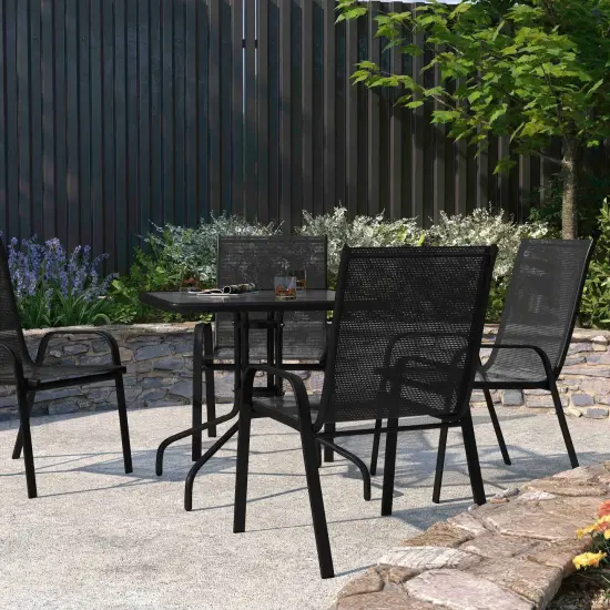 Merrick Lane Set of 4 Manado Series Metal Stacking Patio Chairs with Flex Comfort Material Black {1}