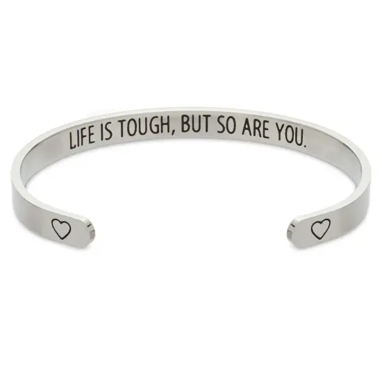 Inspirational 7" Silver Cuff Bracelet for Women, Motivational Engraved Bangle, Life is Tough but So Are You (One Size Fits Most) {1}