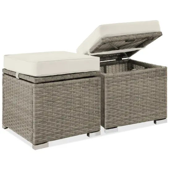 Best Choice Products Set of 2 Wicker Ottomans, Multipurpose Furniture w/ Removable Cushions, Steel Frame White Sand/Taupe {1}