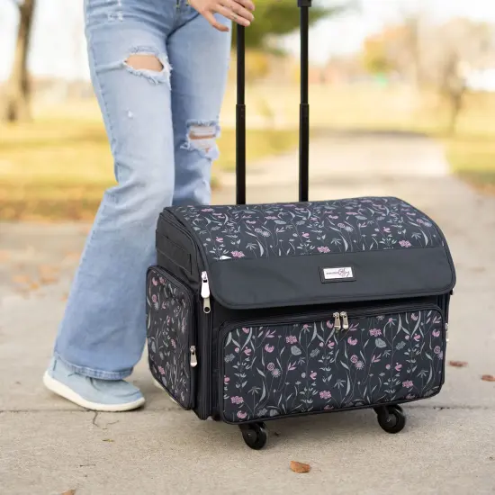 XL 4 Wheel Collapsible Deluxe Rolling Sewing Machine Storage Case, Black & Floral {5}