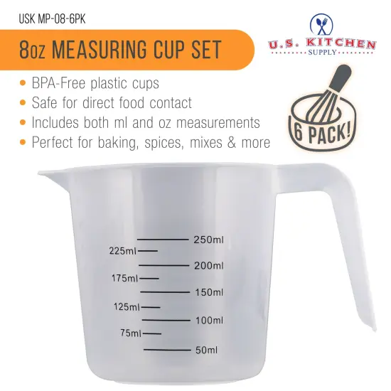 U.S. Kitchen Supply Plastic Measuring Cups with Handles - 8 oz (250 ml) Liquid Measuring Cup Set of 6 - Clear Microwave Safe Kitchen Cups - Measure in mL or Ounces, Measurement Cup for Cooking {2}