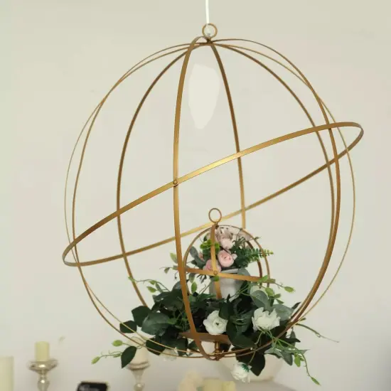 19" Gold Globe Ring Candle Holder Hanging Metal Lantern Wedding Centerpieces {4}