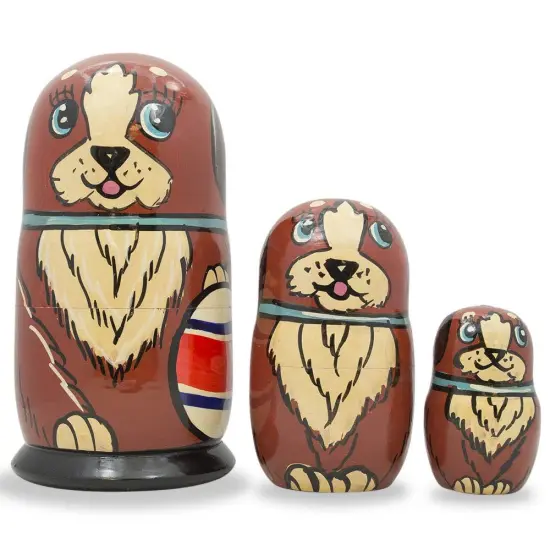 Set of 3 Brown Dog with Ball Wooden Nesting Dolls 5 Inches {1}