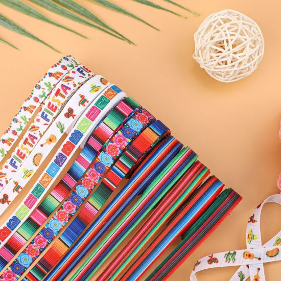 12 Rolls Fiesta Ribbon 3/8 Inch Mexican Serape Grosgrain Ribbons Colorful Stripes Pinata Cactus Guitar Decorative Ribbon for Cinco De Mayo Fiesta Party Mexican Theme Party Events, 60 Yards {2}