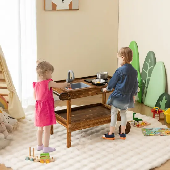 Wooden Outdoor Movable Mud Kitchen with 2 Rolling Wheels and Push Handle {3}