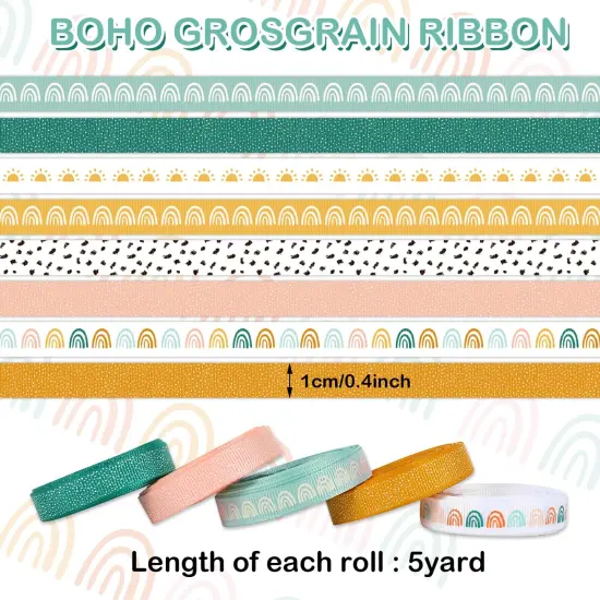 8 Rolls Boho Rainbow Ribbon 40 Yards 0.4 Inch Rainbow Themed Grosgrain Ribbon Colorful Boho Fabric Craft Ribbon for Wreath Bow Making Gift Wrapping Decor DIY Crafts {1}