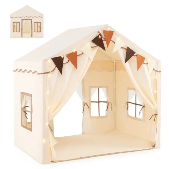 Kids Large Play Tent House with 2 Opening Door and Star Lighting Perfect for Gift Beige {7}