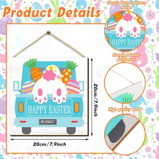 4 Pcs Happy Easter Door Sign Wooden Bunny Rabbit Easter Wreaths Welcome Door Sign Wall Hanging Plaque Farmhouse Easter Decorations Wall Pediments Wreath for Home Front Porch Door Decor {3}