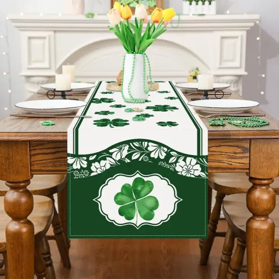 Lucky Clover Green Shamrocks Table Runner, Seasonal St Patrick's Day Holiday Kitchen Dining Table Runner {2}