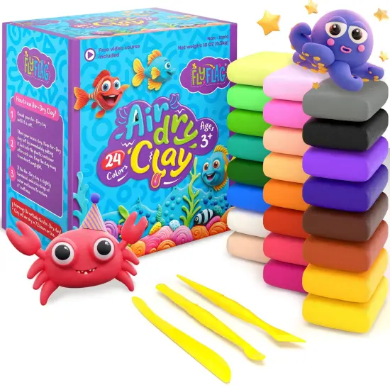 FlyFlag Air Dry Clay Kit - 24 Colors, Soft & Ultra Light, Modeling Clay for Kids with Accessories, Tools and Tutorials {1}