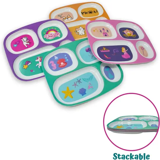 4E&rsquo;s Novelty Kids Melamine Dinner Plates Set of 4 for Girls &ndash; Divided Plates for Picky Eaters, BPA-Free, Princess, Unicorn, Cat & Sea Life Toddler Plates {4}
