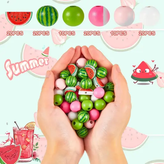100 Pcs Watermelon Wooden Beads 16 mm Summer Multi Colored Wooden Beads Bulk Colorful Summer Wood Beads for Crafts Round Loose Spacer Beads for DIY {2}