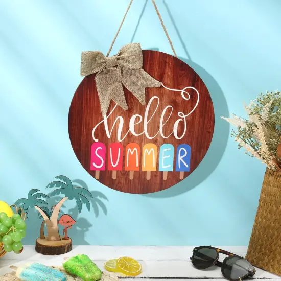 Hello Summer Sign 12 x 12 Inch Summer Welcome Sign Front Door Decor Farmhouse Porch Decoration Round Wooden Hanging Sign for Home Beach Restaurant Shop {3}
