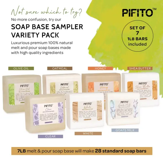 Pifito Melt and Pour Soap Base Sampler (7 lbs) │ Assortment of 7 Bases (1lb ea) │ Clear, White, Goats Milk, Shea Butter, Oatmeal, Honey, Olive Oil │ Glycerin Soap Making Supplies {2}