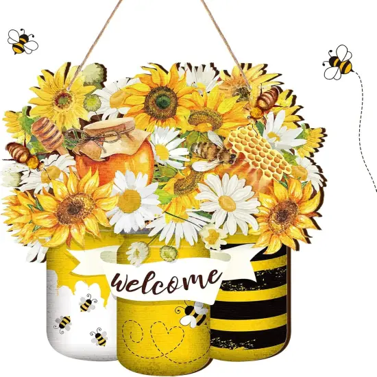 Bee Welcome Wood Door Yellow Bee summer Hanger Wooden Sign Farmhouse Wall Porch Art Summe Wreath Hanging for Front Door Decoration {1}