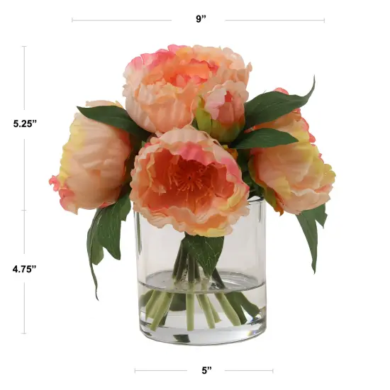 1 Piece 10" Pink Peony Flowers in Crystal Clear Glass Round Vase: Realistic Silk Blooms & Foliage, Office & Home Decor {3}
