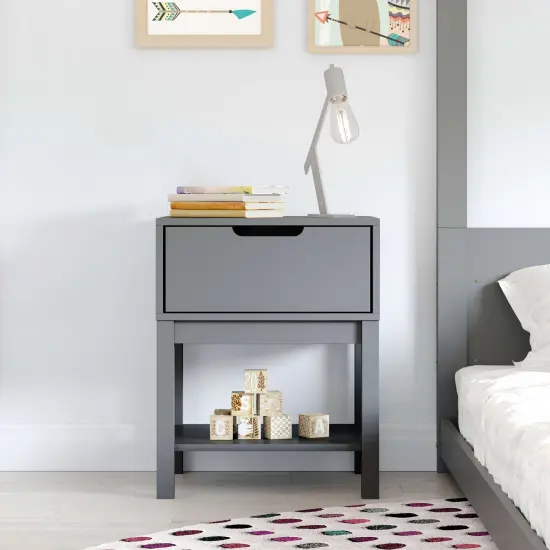 Emma and Oliver Samuel Kids Single-Drawer Night Stand with Solid Wood Frame, Side Table for Kids Bedroom with Open Shelf Gray {1}