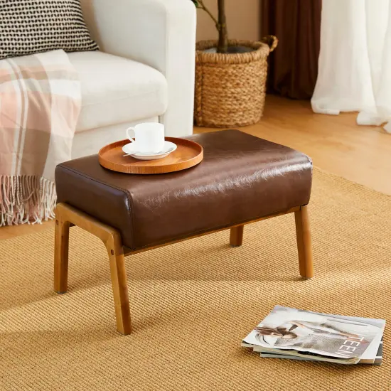 Mid-century Modern Leatherette Accent Stool with Walnut Rubberwood Legs {8}