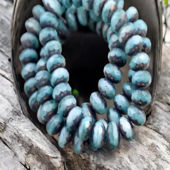 *25* 6x8mm Bronze Washed Blended Larimer Blue Opaline Fire Polished Rondelle Beads {3}