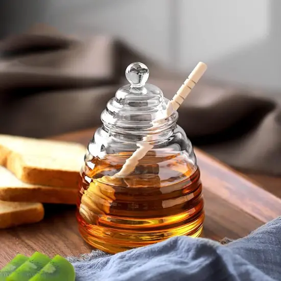 16.9 Oz Honey Pot with Dipper, Glass Honey Jar and Dipper Set, Honey Dispenser, Beehive Honey Pot for Store Honey and Syrup(wooden stick) {4}