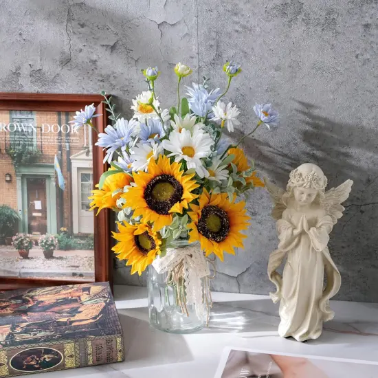 Summer Faux Flowers with Vase, Artificial Silk Sunflower in Vase Centerpiece Coffee Table Decor, Fake Plant Daisy Flower Arrangement for Fall Decorations Indoor Home Office Living Room Farmhouse {2}