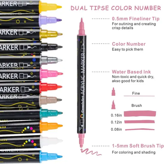 24 Colors Acrylic Paint Pens, Acrylic Paint Markers Dual Tip, with Dot Tip and Fine Tip, Acrylic Markers for Rock Painting, Wood, Canvas, Fabric, Paper, DIY Crafts Making Art Supplies {3}