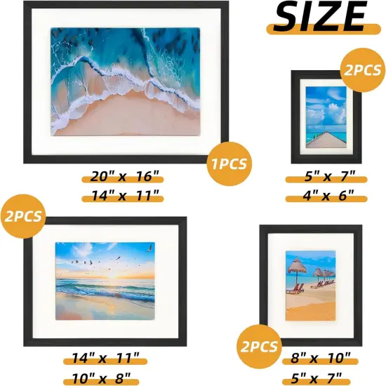 7 Pack Picture Frames Collage Wall Decor, Gallery Wall Frame Set for Wall Mounting or Tabletop Display, Multi Sizes Including 16x20-1, 11x14-2, 8x10-2，5x7-2 Family Photo Frames,Made of Solid Wood，Black {2}