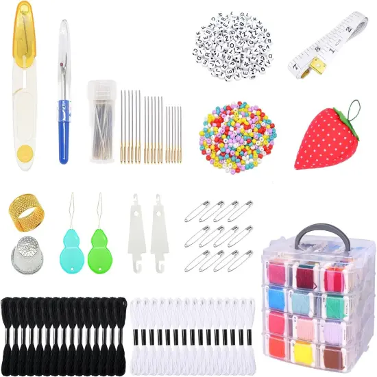 Embroidery Thread Kit Including 200 Skeins Embroidery Floss 30 Skeins White & Black Embroidery Thread Cross Stitch Tool for Friendship Bracelets Arts DIY Crafts with 4-Tier Transparent Box {2}