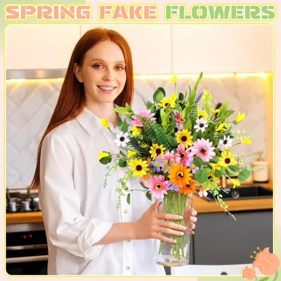 12 Bundles Summer Bundles & Bouquets Artificial Flowers for Decoration 16 Inch Fake Daisy Wildflowers {2}