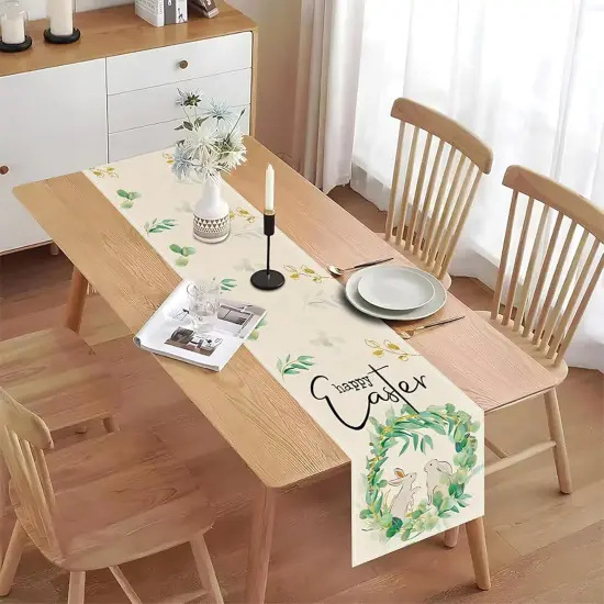 Easter Table Runner, Bunny Rabbit Flowers Leaves Green Easter Table Runners 72 Inches, Farmhouse Spring Kitchen Dining Table Decoration for Home Party Decor {5}