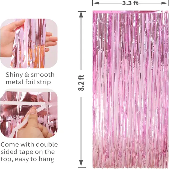 2 Pack Pink Foil Fringe Curtains Streamers Party Decorations 3.3 x 8.2 ft, Pink Tinsel Curtain Fringe Backdrop for Parties, Door Fringe Birthday Streamers, Barbie Backdrop Birthday Party Decorations {2}