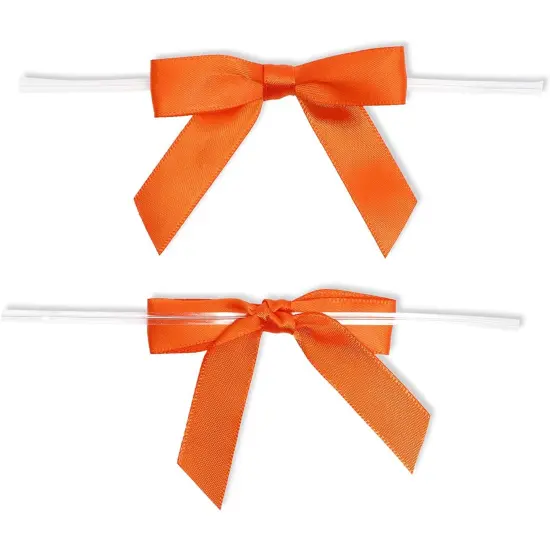 Bright Creations 100 Pack Orange Twist Tie Bows for Treat Bags, 3" Small Satin Ribbons for Craft Decoration, Gift Wrap, Themed Party Favors, Baked Goods {6}