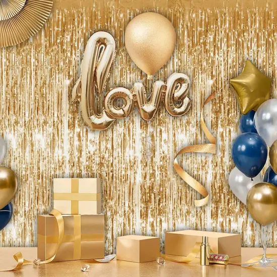 Gold Metallic Tinsel Foil Fringe Curtain, 3 Pcs 3.3ft x6.6ft Photo Booth Backdrop Streamer Curtains&Photo Booth Props, Party Decorations for Bachelorette Graduation Wedding Birthday (Gold) {4}