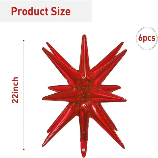 6 Pcs Red Star Foil Balloons One-Piece 14-Pointed Star Balloons 4D Starburst Cone Mylar Balloons 22inch Christmas Birthday Wedding Wedding Anniversary Party Supplies(Red) {2}