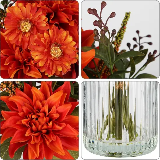 Fake Fall Flowers with Vase, Artificial Dahlia & Mum Silk Floral Arrangement with Glass Vase Faux Autumn Flowers Bouquet for Home Office Room Coffee Table Centerpiece Wedding Decoration {3}
