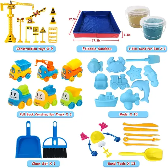 Summer Play Construction Sand Kit - 3lbs Sand with 2 Colors, 6 Mini Construction Trucks, Construction Toys and Signs, Animal Mold, Modeling Tools, Foldable Sandbox, Gifts for Boys Girls {2}