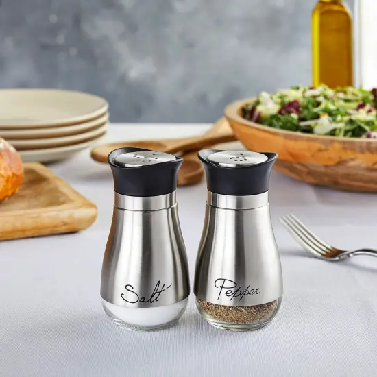 Stainless Steel Salt and Pepper Shaker Set with Glass Bottom, Perforated "S" and "P" Caps - Modern Kitchen Counter Decor (4oz) Silver {6}