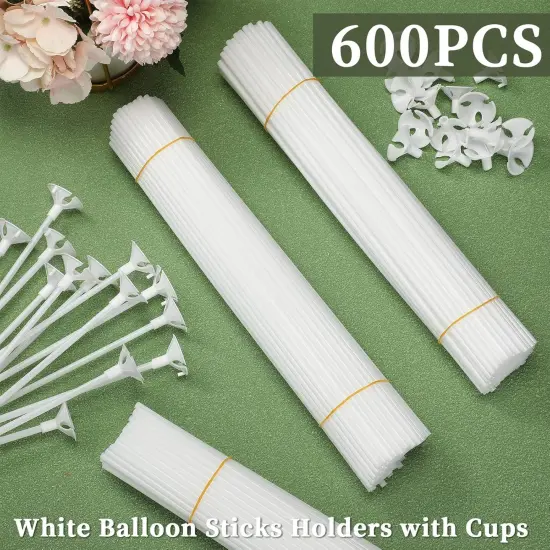 600 Pcs Plastic Balloon Sticks with Cups, Reusable Balloon Holder for Balloon Stand Birthday Christmas Party Wedding Anniversary Decoration(White) {3}