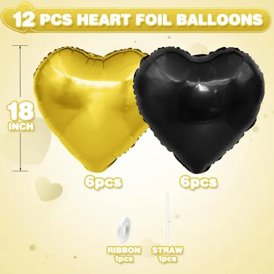 Black Gold Heart Balloons,12Pcs Black Heart Shaped Foil Balloons,18Inch Gold Helium Mylar Balloon for Baby Shower Birthday Anniversary Wedding Party Decorations {2}