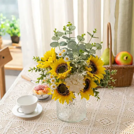 Silk Artificial Sunflower and White Dahlia Arrangement in Vase Suitable for Home Spring Decor Centerpiece {5}