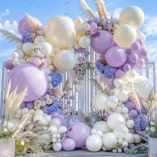 Pastel Purple White Balloon Garland - Double Stuffed Lavender Light Purple Cream Balloon Arch Kit Pearl Lilac White Ivory Color {5}